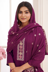 Purple Floral Embroidered Straight Salwar Suit in Viscose Vertican Silk