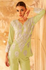 Lime Green Floral Embroidered Rayon Co-Ord Set – Comfortable & Stylish Everyday Wear