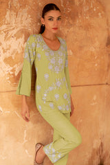 Lime Green Rayon Co-Ord Set with Floral Embroidery – Chic & Comfortable Daily Wear