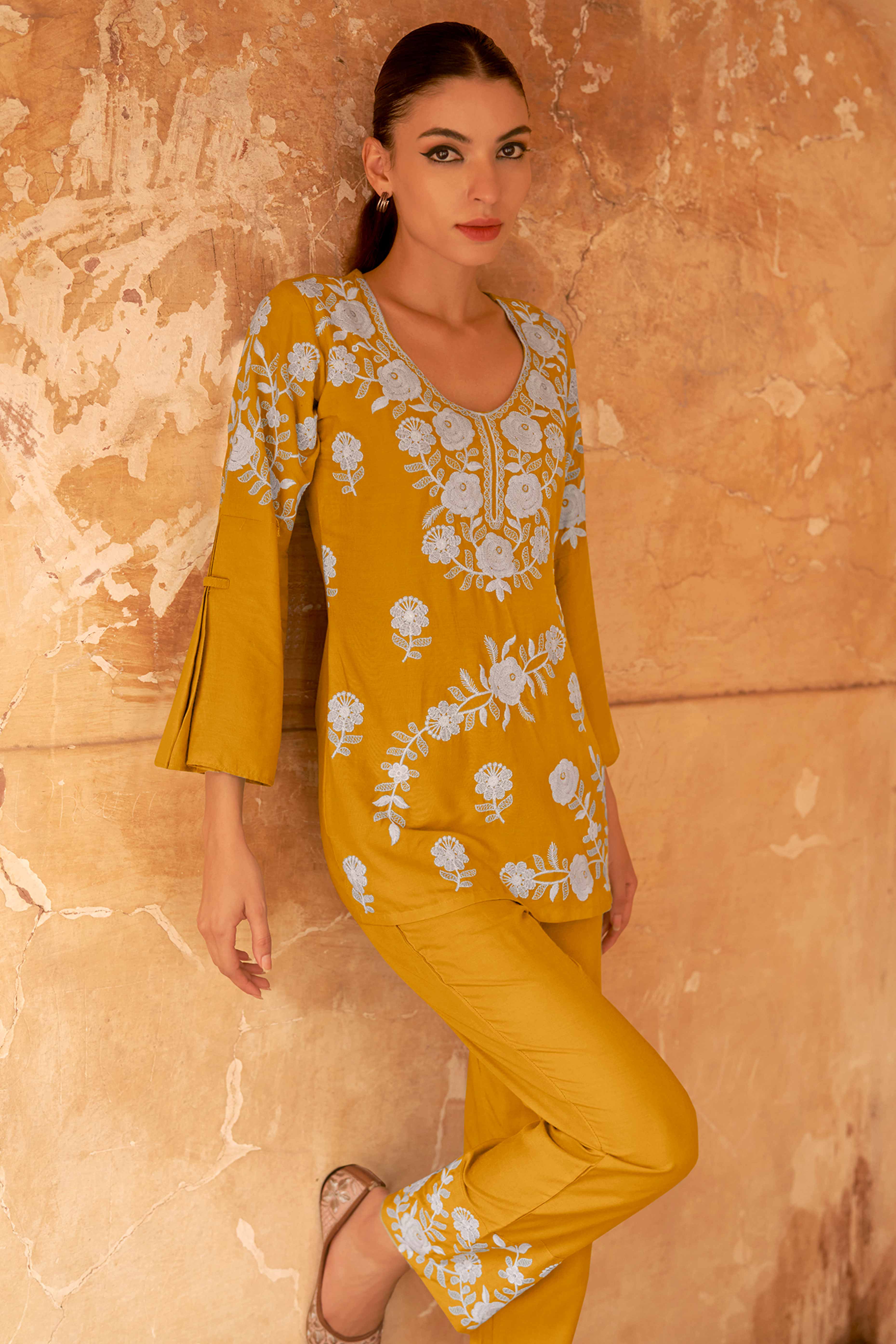 Mustard Rayon Co-Ord Set with Floral Embroidery – Stylish & Comfortable Everyday Wear