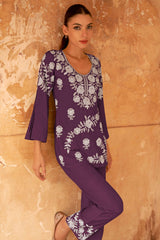 Deep Purple Floral Embroidered Rayon Co-Ord Set – Elegant & Comfortable Everyday Wear