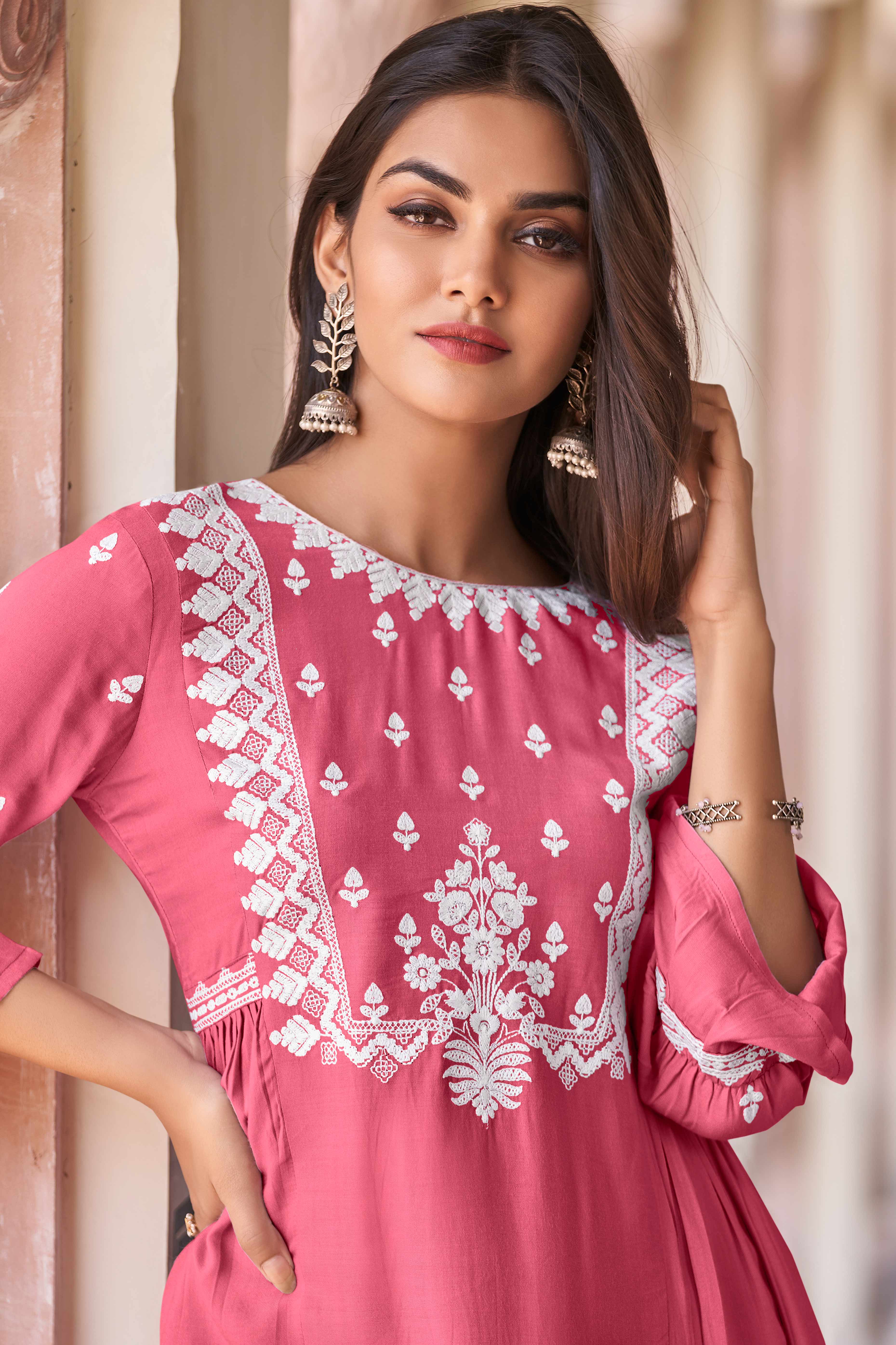 Gajri Pink Rayon Co-Ord Set with Floral Embroidery – Elegant & Comfortable Daily Wear