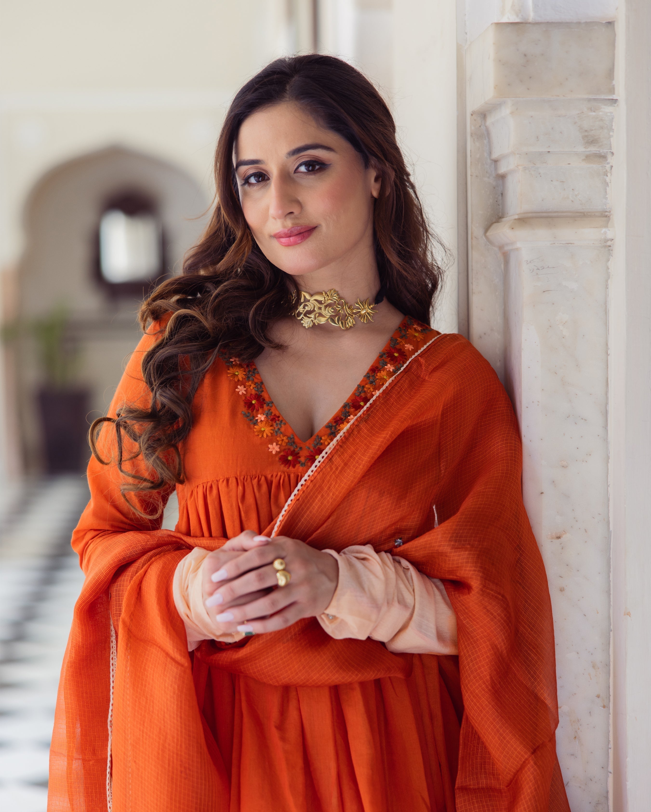 Drape Orange Ombre Embroidered Chanderi Suit Set