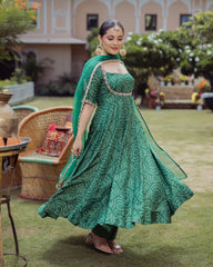 Dark Green Bandhani Chanderi Suit Set