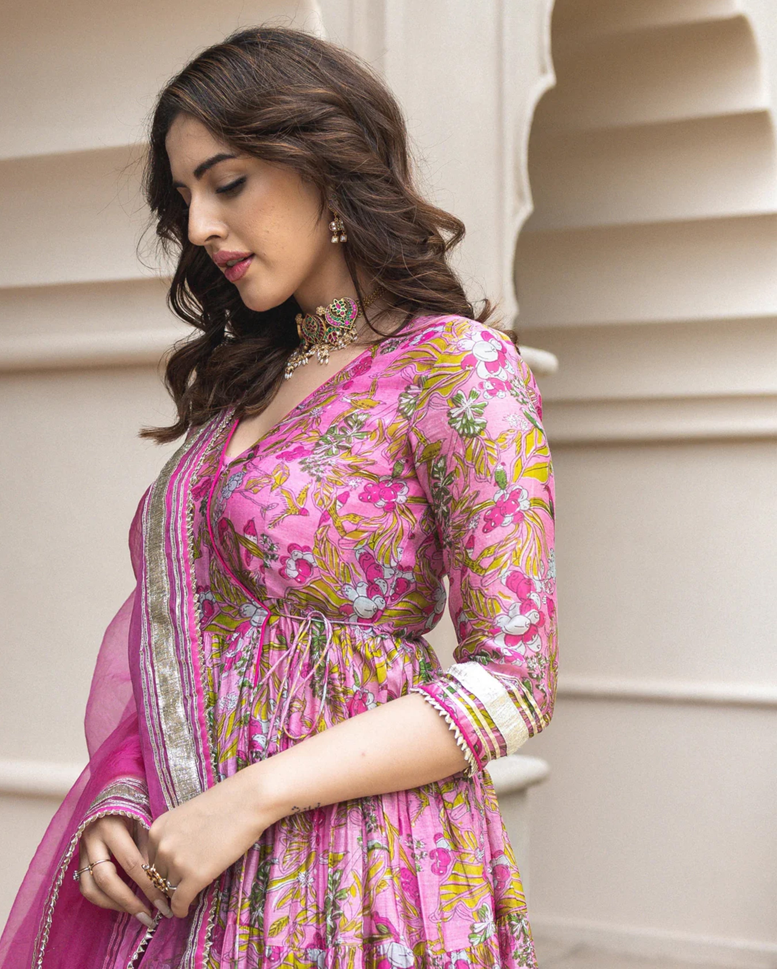 Pink Chanderi Angrakha Suit Set with Gota Work and Organza Dupatta