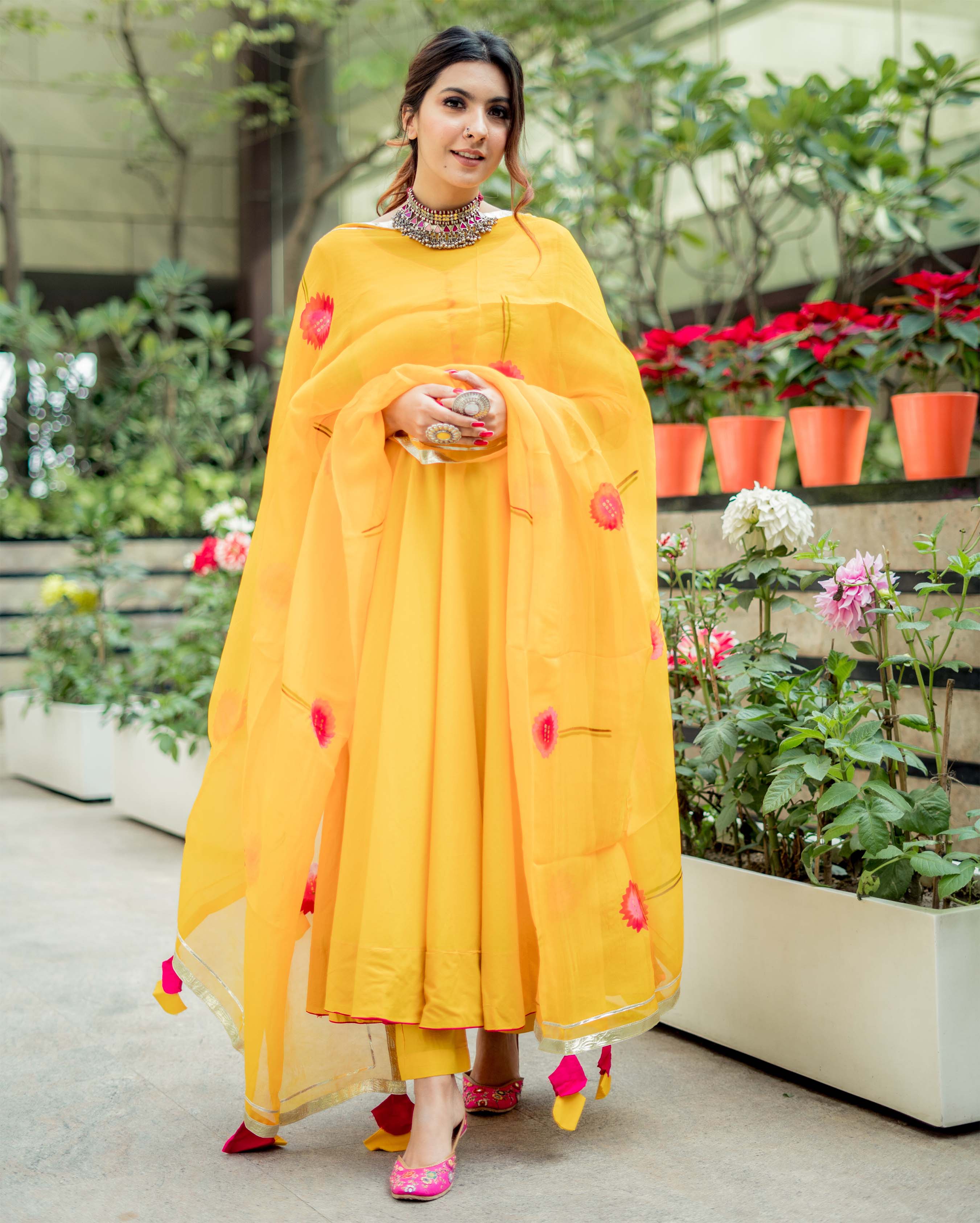 Yellow Cotton Suit Set with Handpainted Organza Dupatta