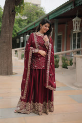 Rangoli Silk Embroidered Kurti Set with Plazzo & Dupatta