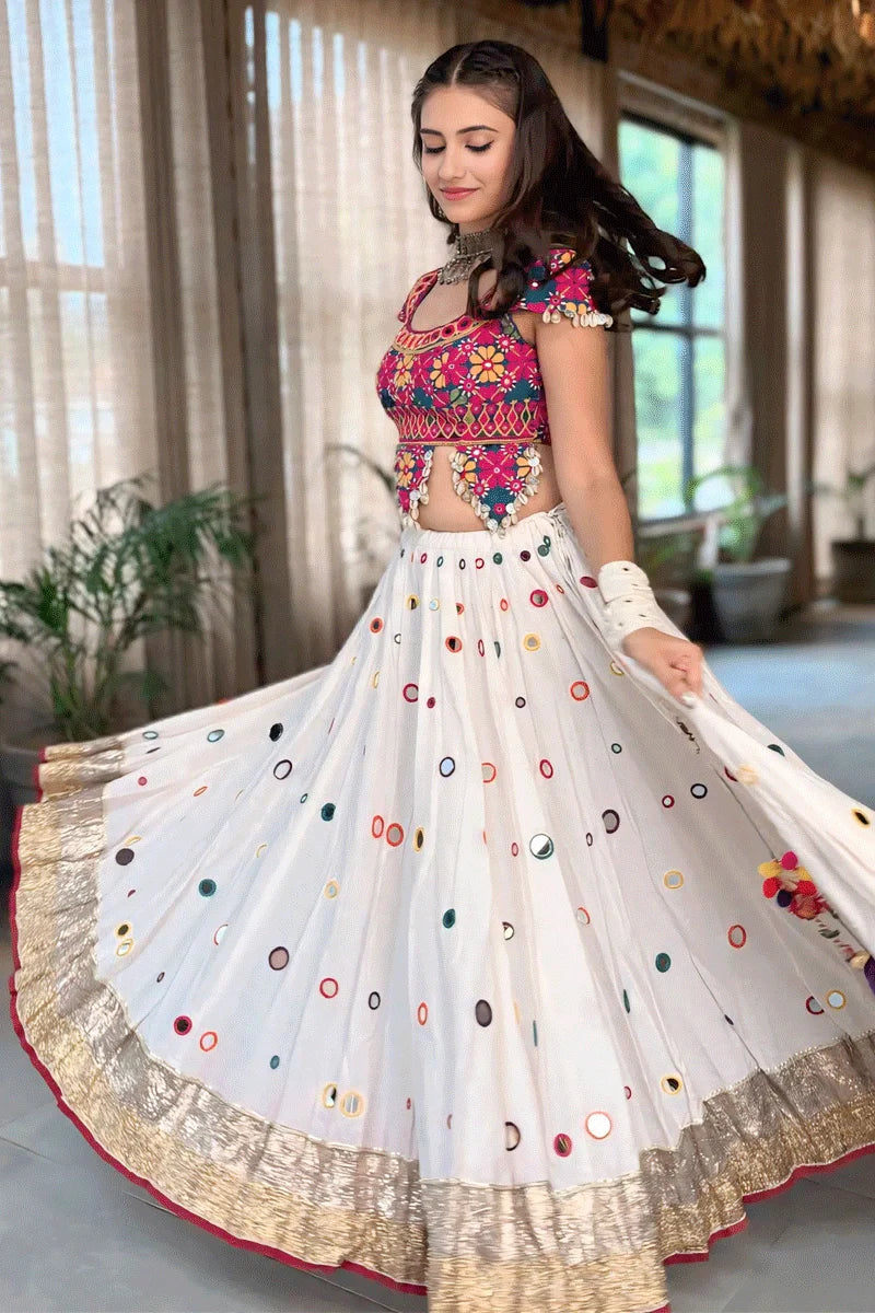 Real Mirror Work With Gamthi Work Chaniya Choli For Garba