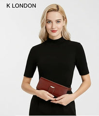 Women’s Long Brown Leather Wallet Clutch with Loop Closure & Dual Zipper Pockets