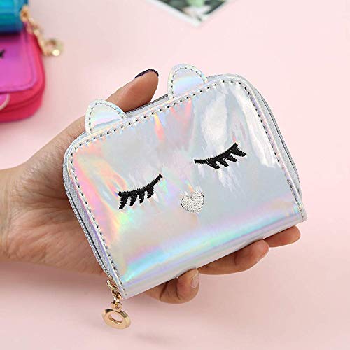 Holographic Mini Wallet for Women & Girls | Kawaii Short PU Leather Clutch Purse with Card Slots (Silver)