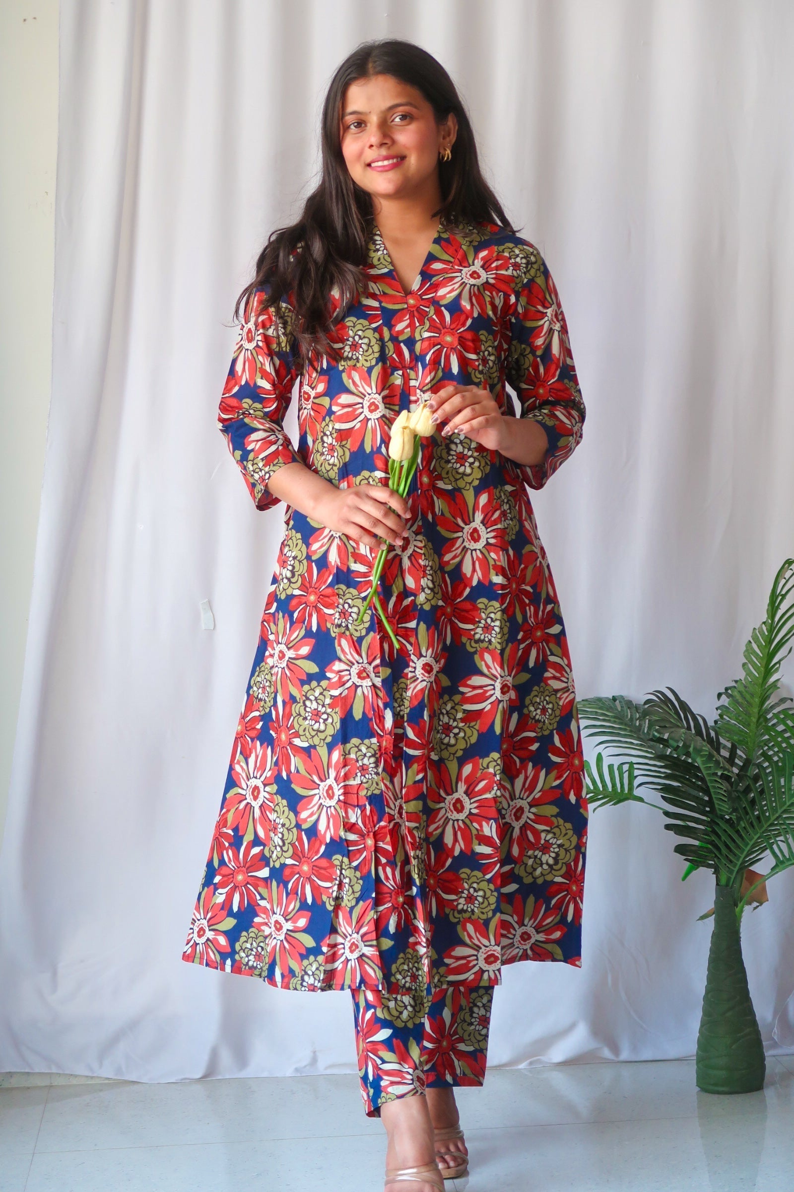 Vibrant Cotton Straight Kurta Pant Set with V-Neckline