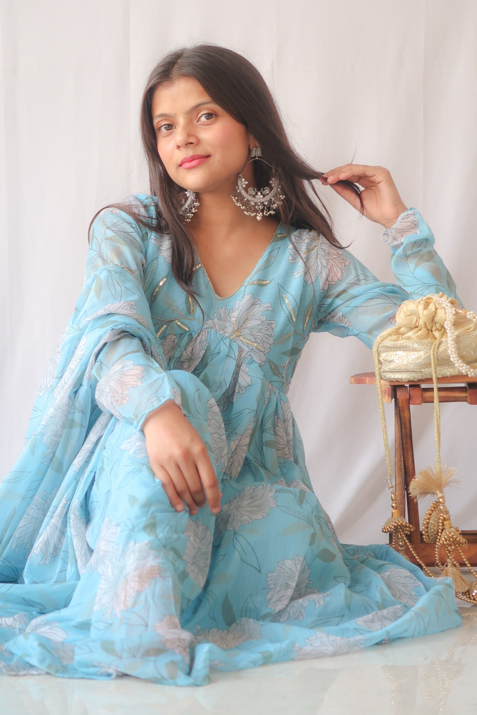 Light Blue Chiffon Anarkali Kurta Set with Sequin Work and Floral Print