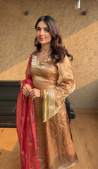 Elegant Crimson Red Jimmy Choo Satin Silk Anarkali Suit with Bell Sleeves & Embroidered Sequence Work