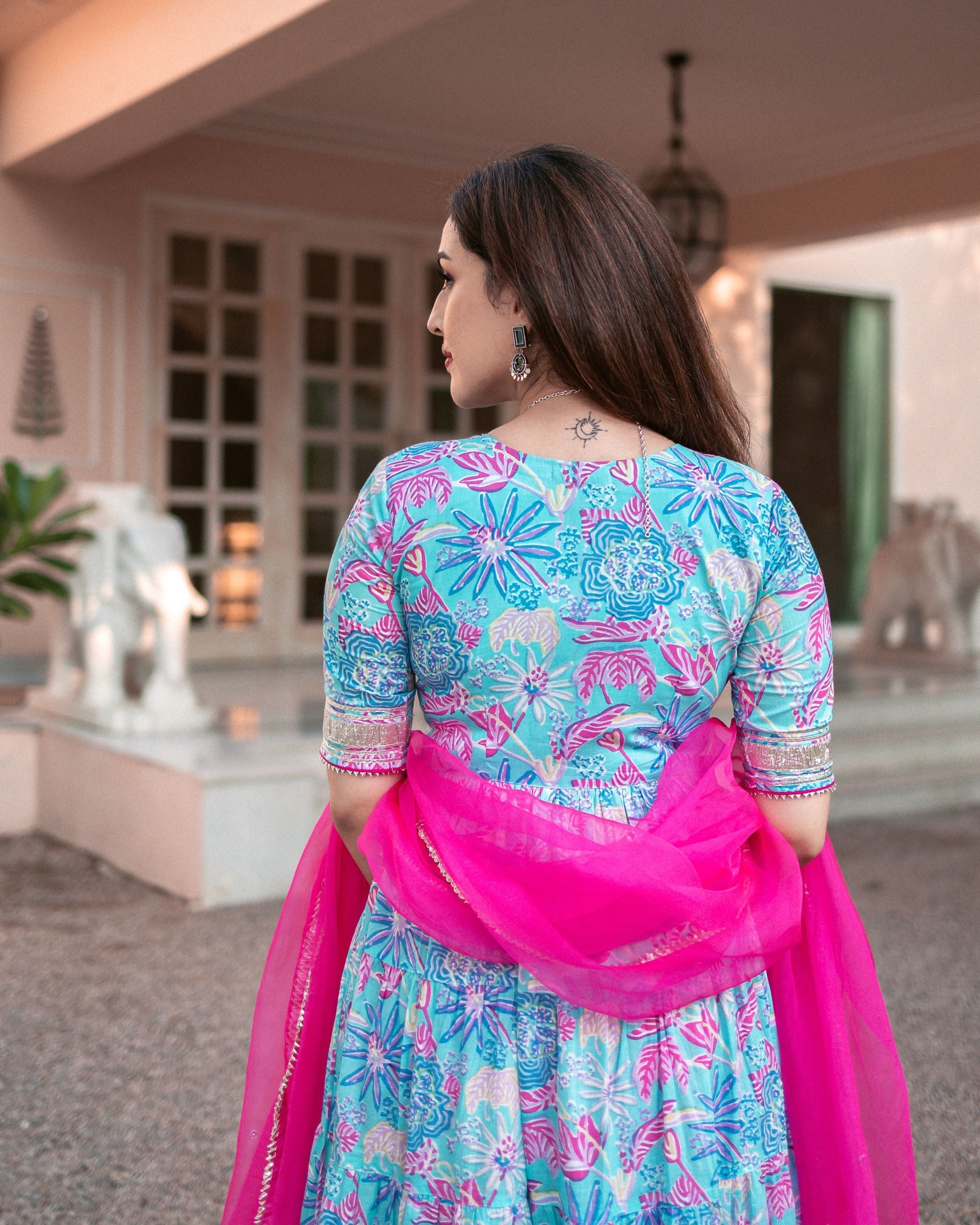 Blue Cotton Angrakha Suit Set with Gota Work and Organza Dupatta