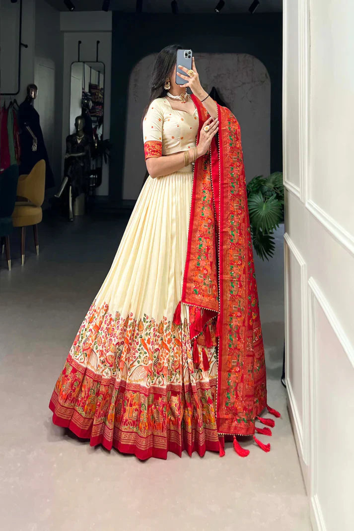 Elegant Tussar Silk Lehenga Set with Foil Print and Gotta Patti Lace Dupatta