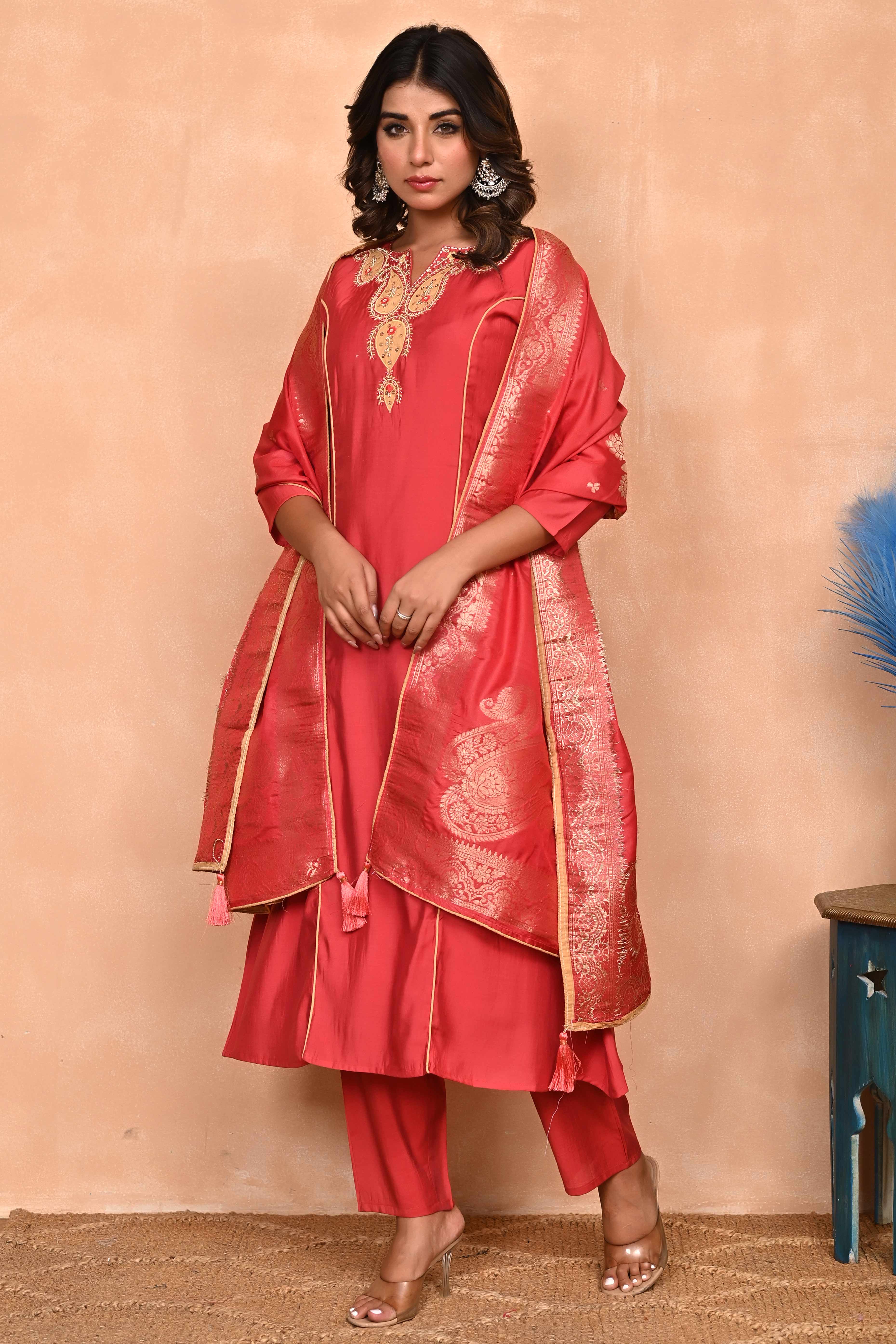 Rusty Red Embroidered A-Line Chanderi Silk Salwar Suit with Delicate Patchwork Detailing