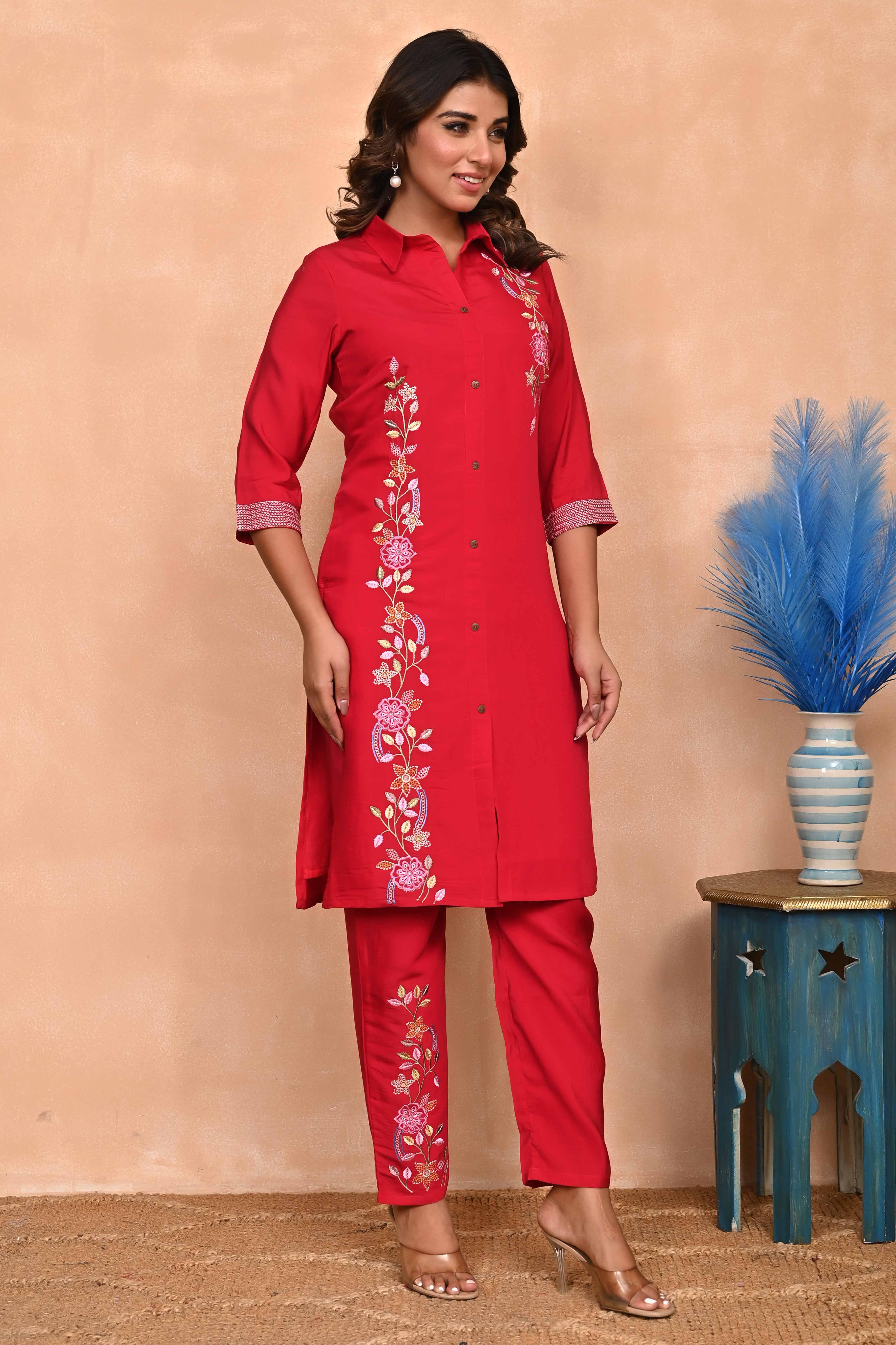 Red Floral Embroidered Chanderi Co-Ord Set – Top & Bottom