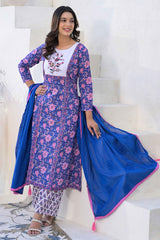 Blue Pure Cotton Salwar Suit with Floral Prints and Embroidered Neck