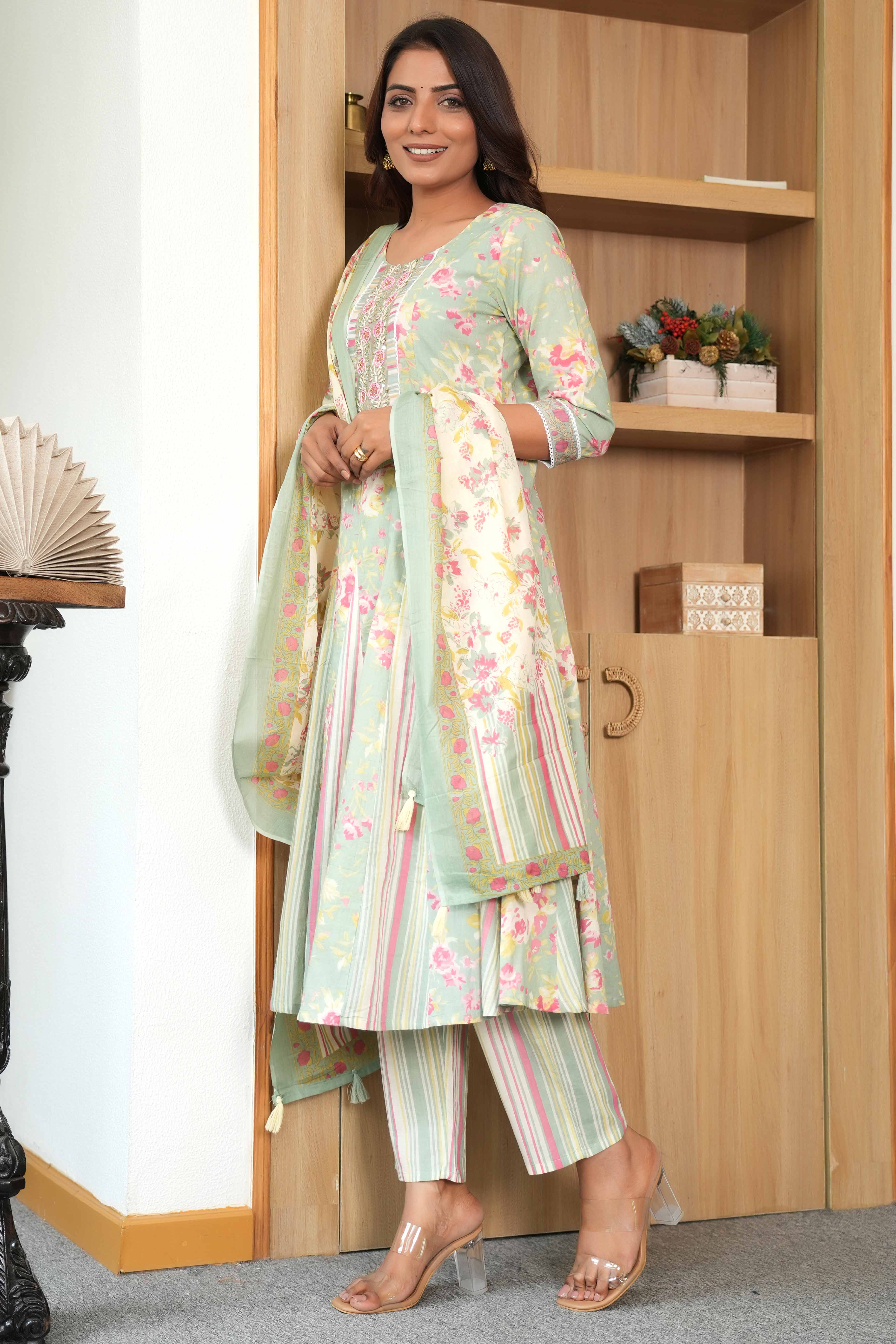 Floral Printed Pista Green Pure Cotton A-Line Salwar Suit with Intricate Handwork