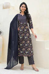 A-Line Style Black Cotton Salwar Suit with Blooming Floral Prints