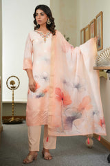 Graceful Light Orange Straight Salwar Suit with Floral Prints on Cotton Jacquard Fabric