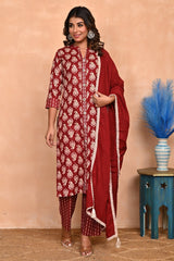 Maroon Floral Printed Salwar Suit in Pure Cotton with Modern Front Slit Styling