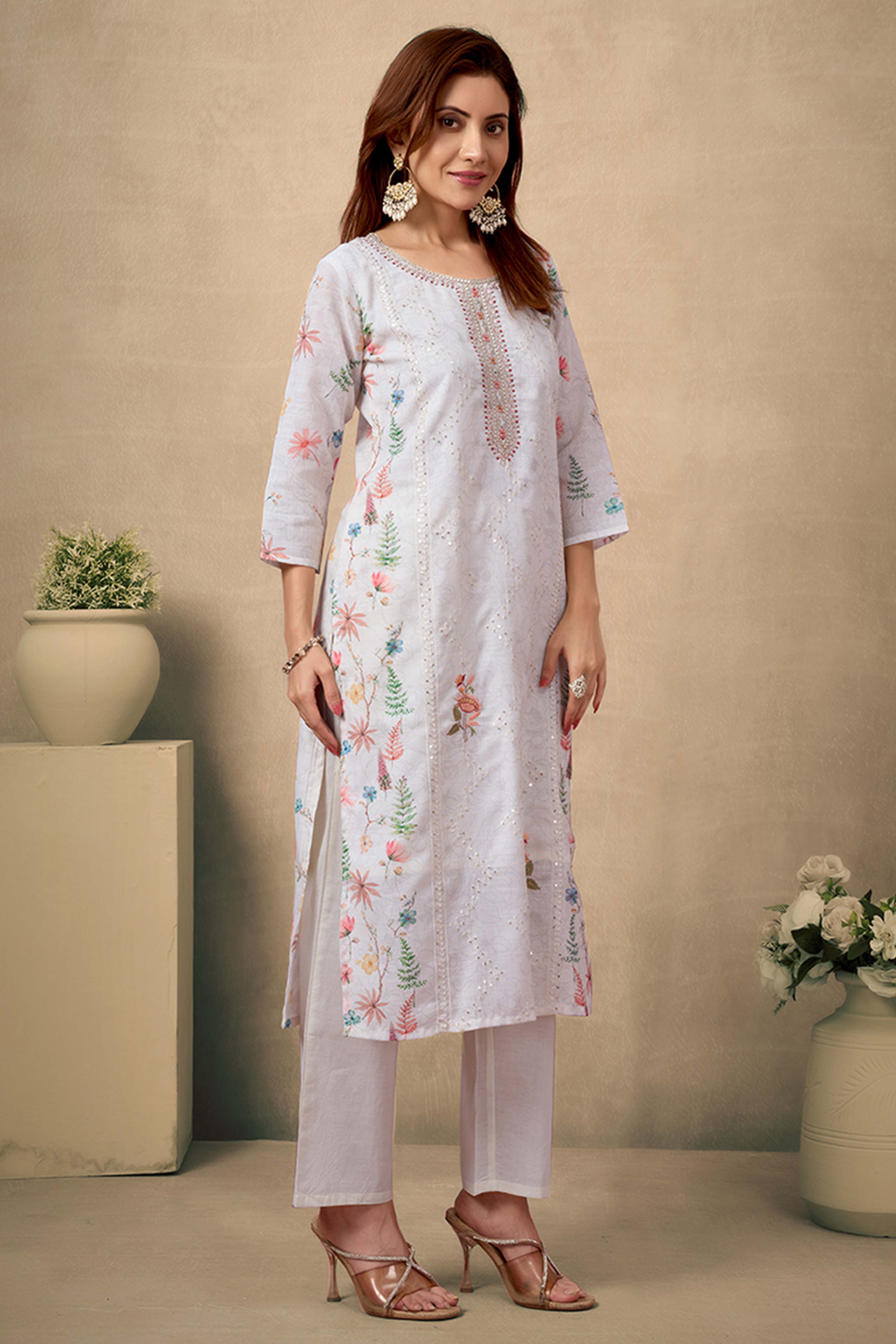 Cream & White Cotton Salwar Suit with Exquisite Floral & Sequin Detailing