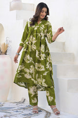 Green Floral Printed Rayon Co-Ord Set with Embroidered Neckline – Comfortable & Stylish