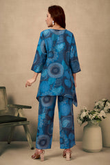 Teal Floral Print Muslin Suit with Sequins Detail – Top & Bottom