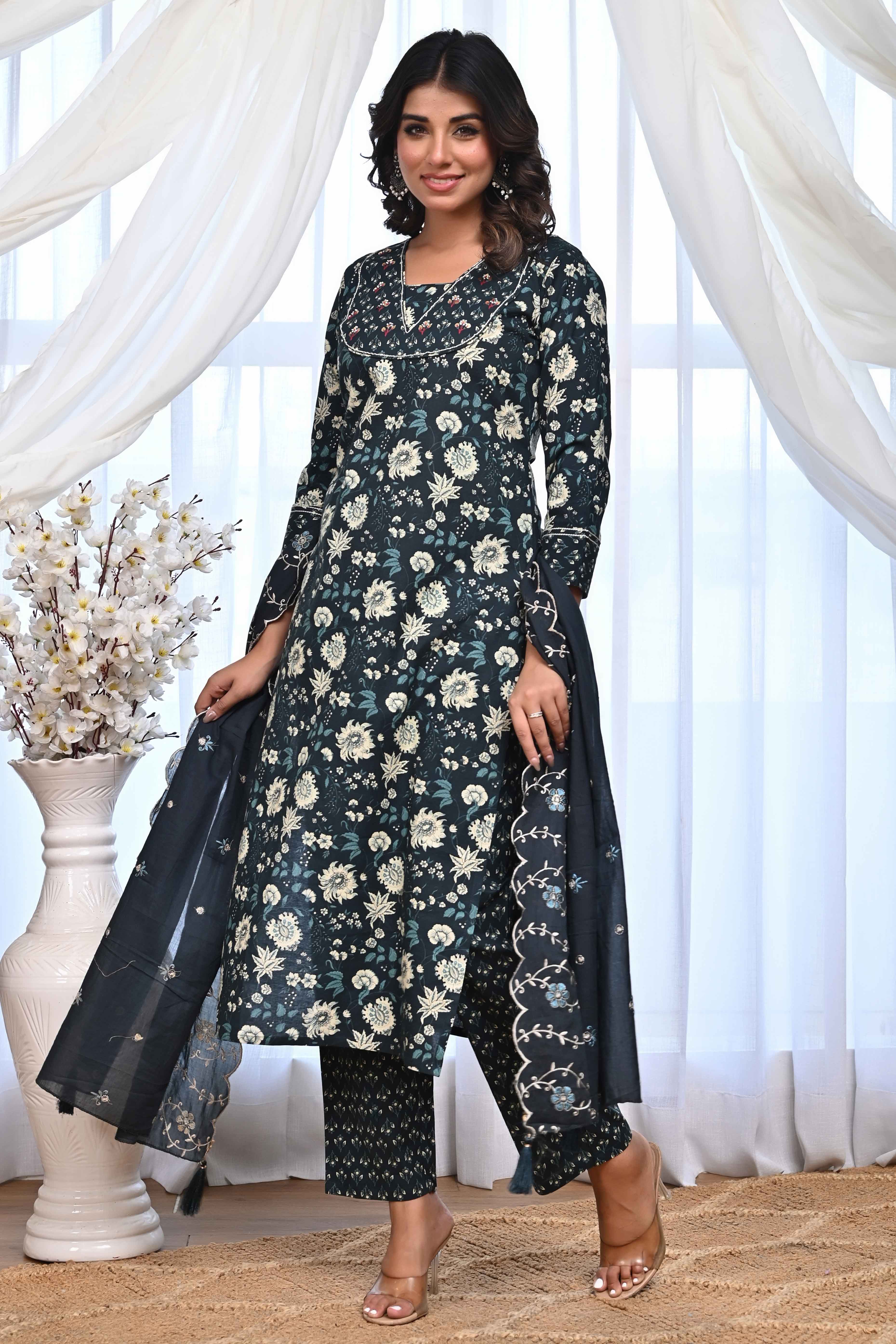 Dark Teal Blue Floral Printed Salwar Suit Adorned With Delicate Sequin Work On Pure Cotton