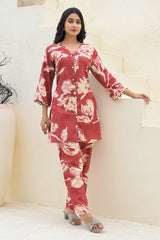 Cherry Red Floral Rayon Co-Ord Set – Stylish & Comfortable Festive Wear