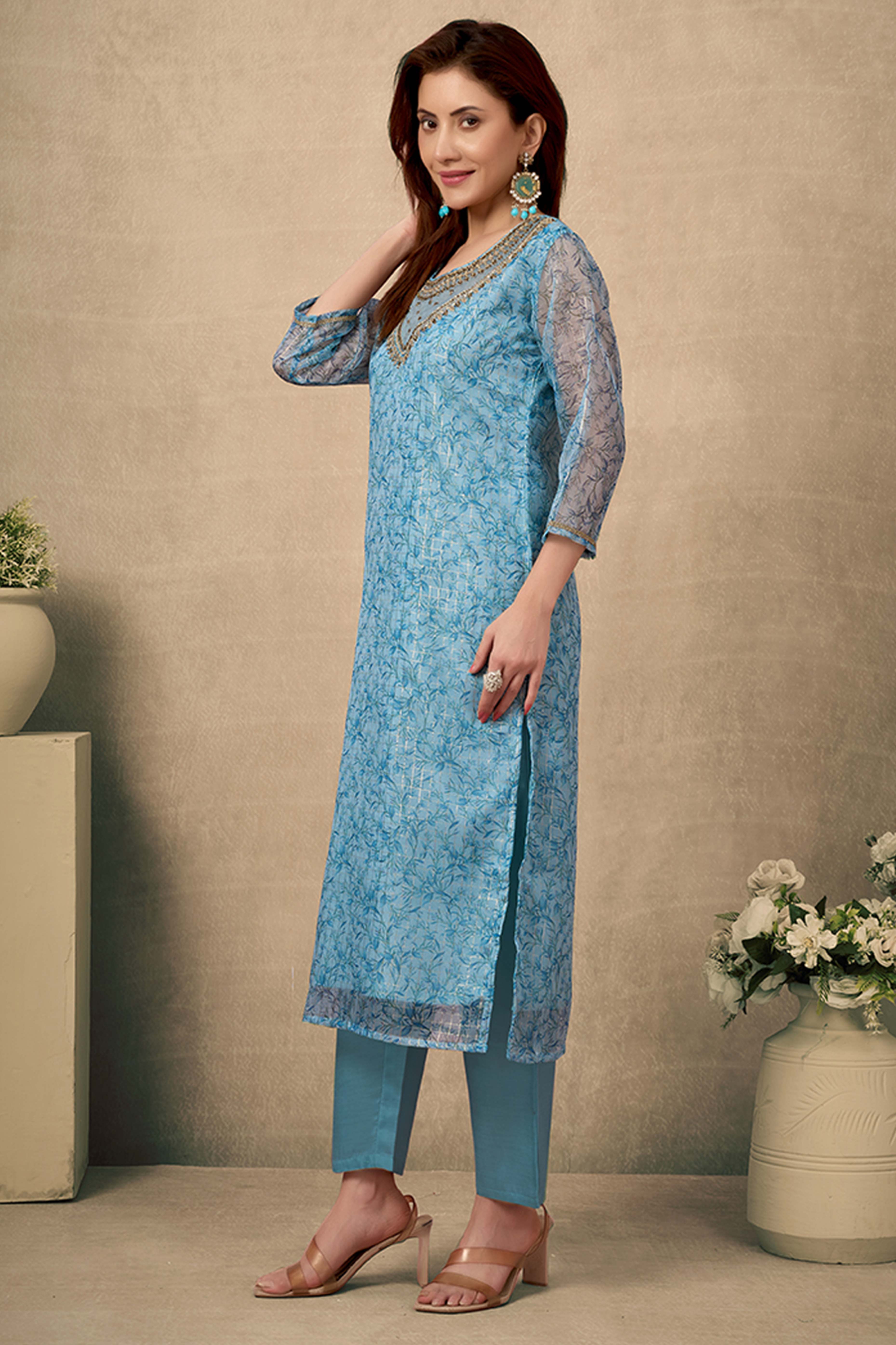 Light Sky Blue Floral Print With Zari Weaving Work Organza Straight Salwar Suit