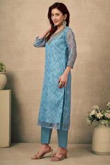 Light Sky Blue Floral Print With Zari Weaving Work Organza Straight Salwar Suit