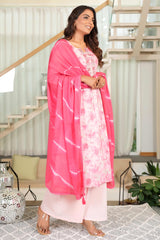 Feminine A-Line Salwar Suit in Soft Pink Pure Cotton with Delicate Floral Prints and Embroidery Highlights