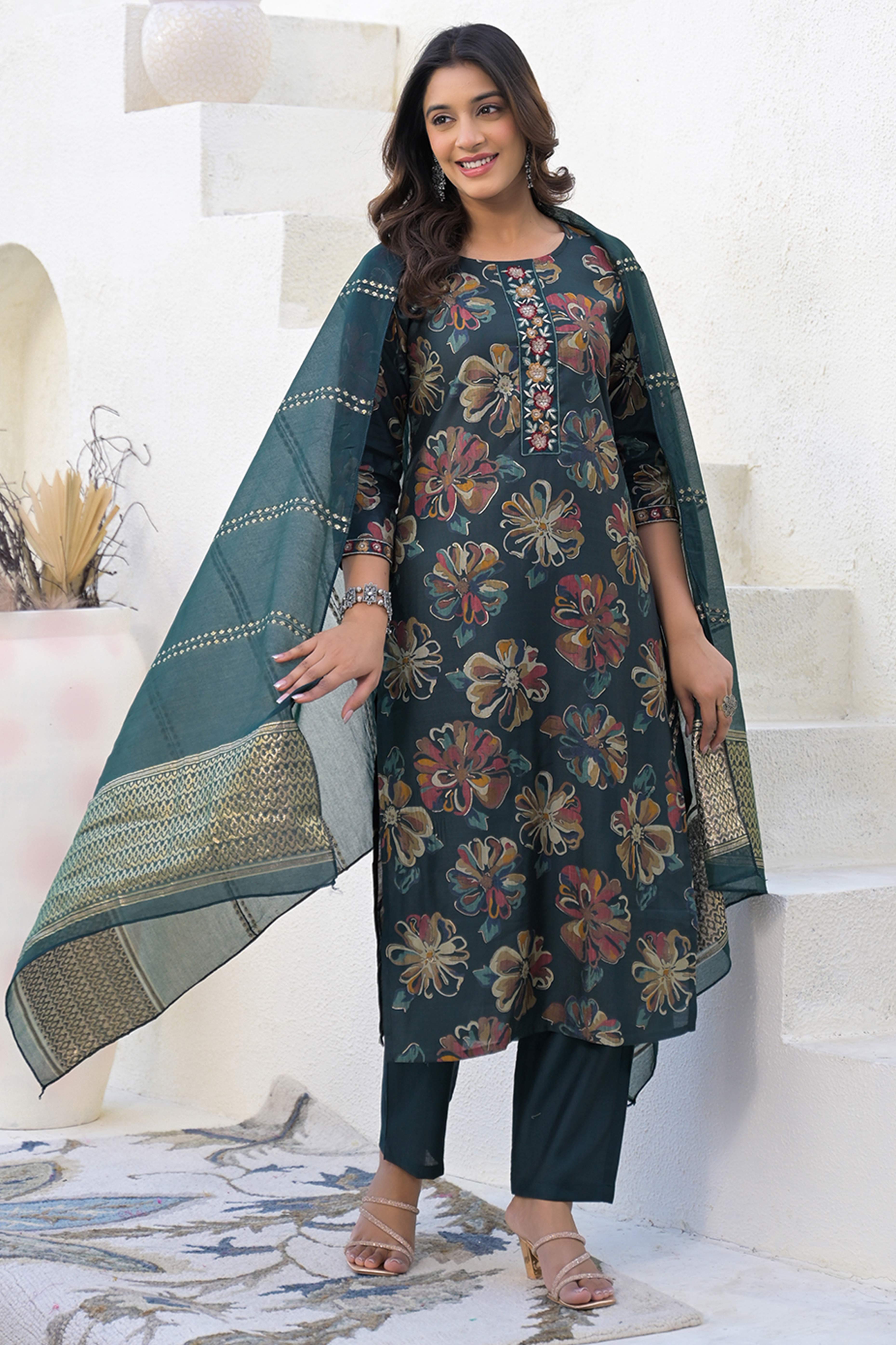 Stylish Bottle Green Viscose  Straight Salwar Suit with Floral Pattern