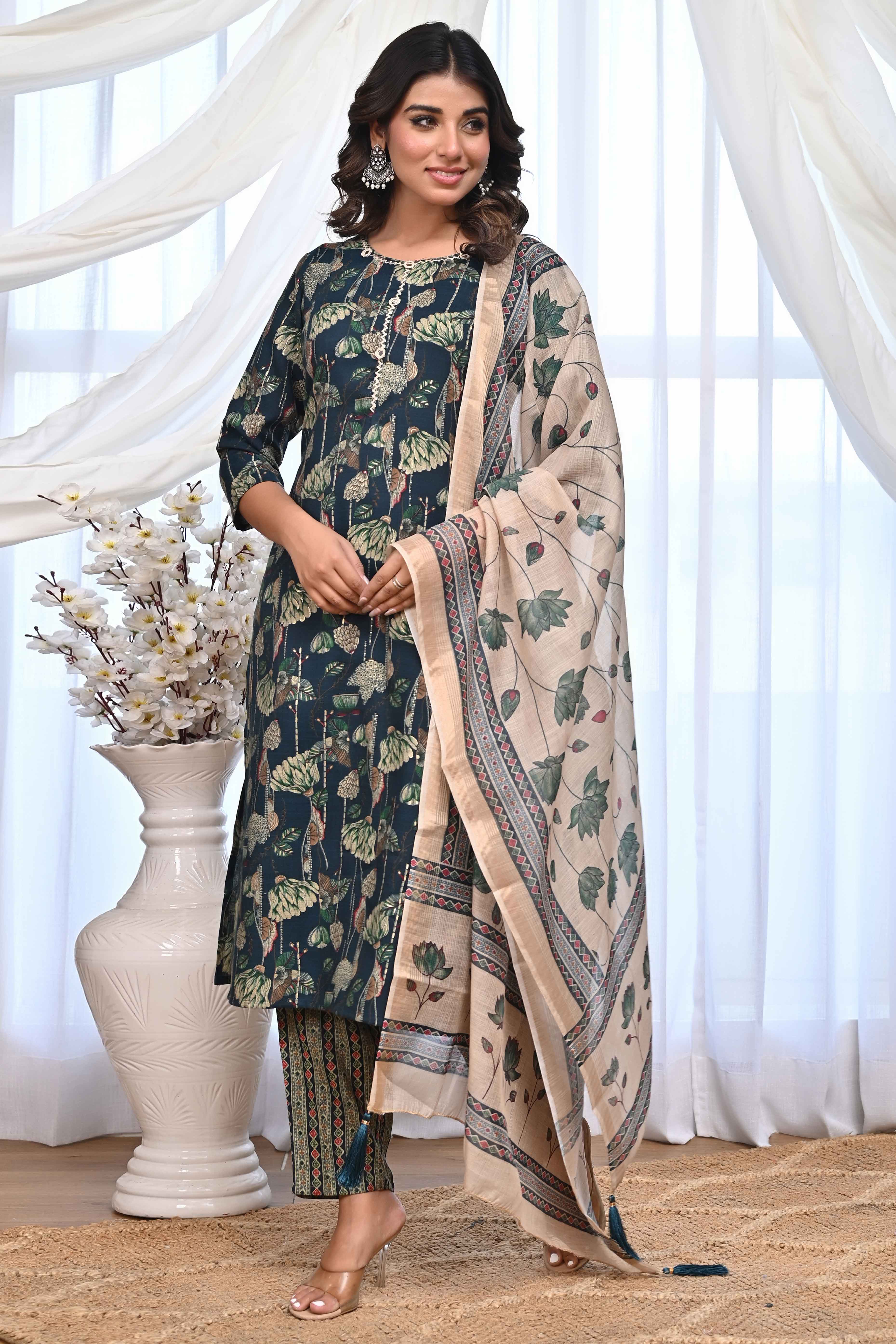 Dark Teal Blue Rayon Salwar Suit With Blooming Floral Print & Elegant Mirror Thread Work