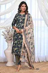 Dark Teal Blue Rayon Salwar Suit With Blooming Floral Print & Elegant Mirror Thread Work