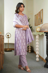 Lavender Printed Rayon Salwar Suit Set with Embroidered Details and Cotton Dupatta