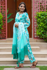 Turquoise Cotton Salwar Suit With Floral Print & Straight Fit