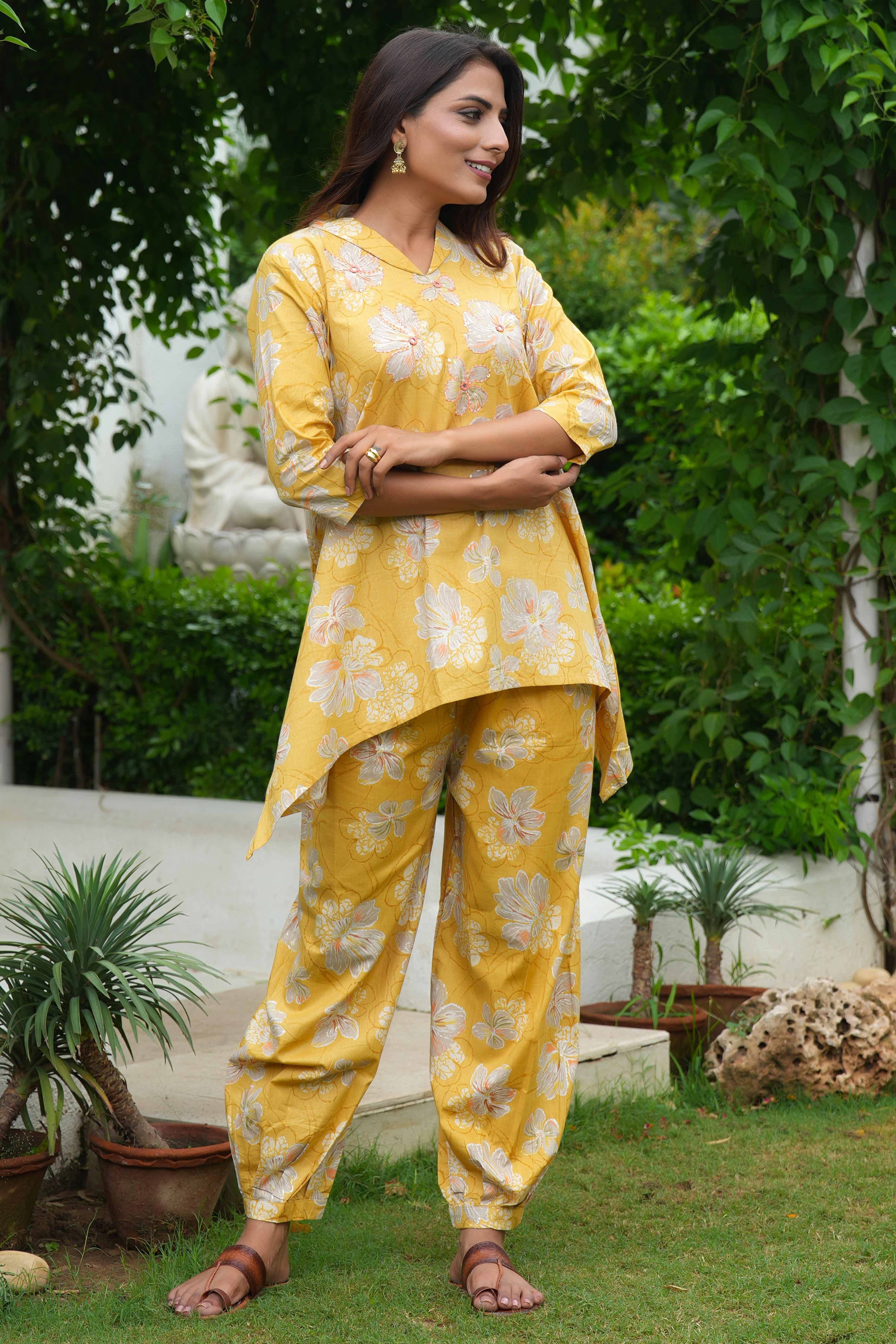 Yellow Pure Cotton Co-Ord Set with Floral Handwork – Elegant Festive Wear