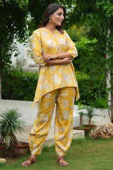 Yellow Pure Cotton Co-Ord Set with Floral Handwork – Elegant Festive Wear