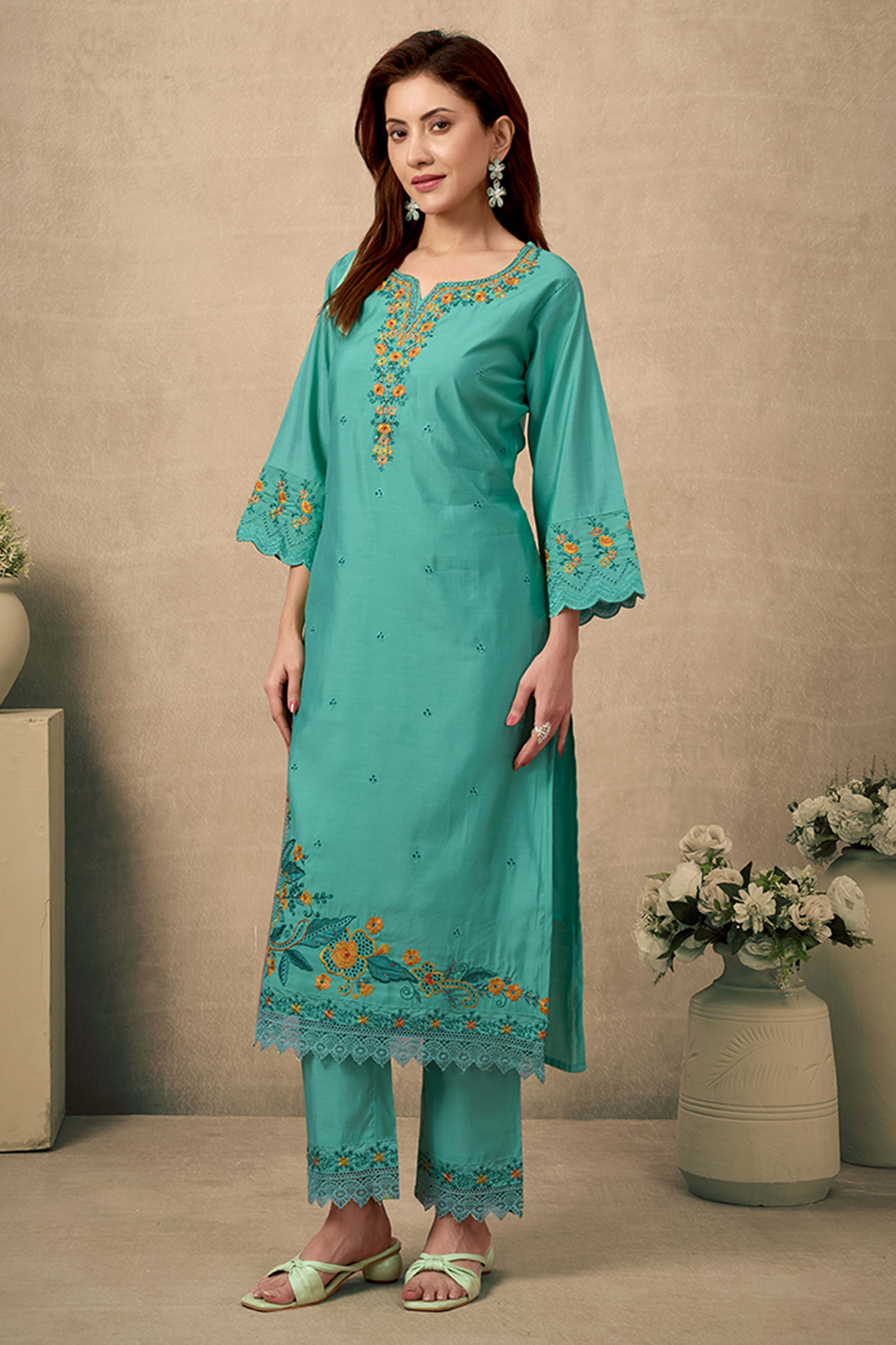 Green Floral Embroidered Straight Salwar Suit Made of Chanderi Silk.