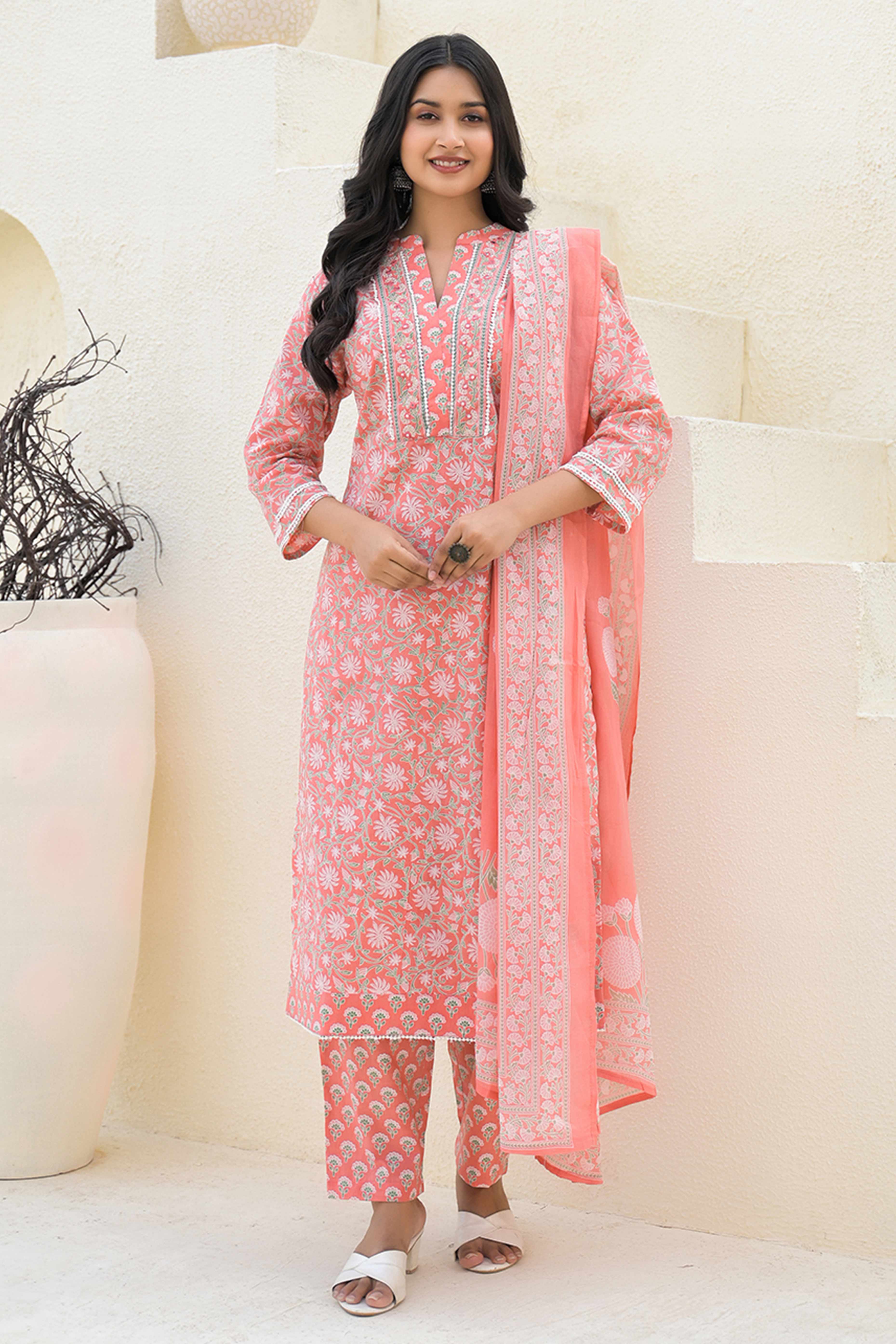 Gajari Pink Pure Cotton Straight Salwar Suit Adorned With Delicate Floral Prints & Embroidery Work