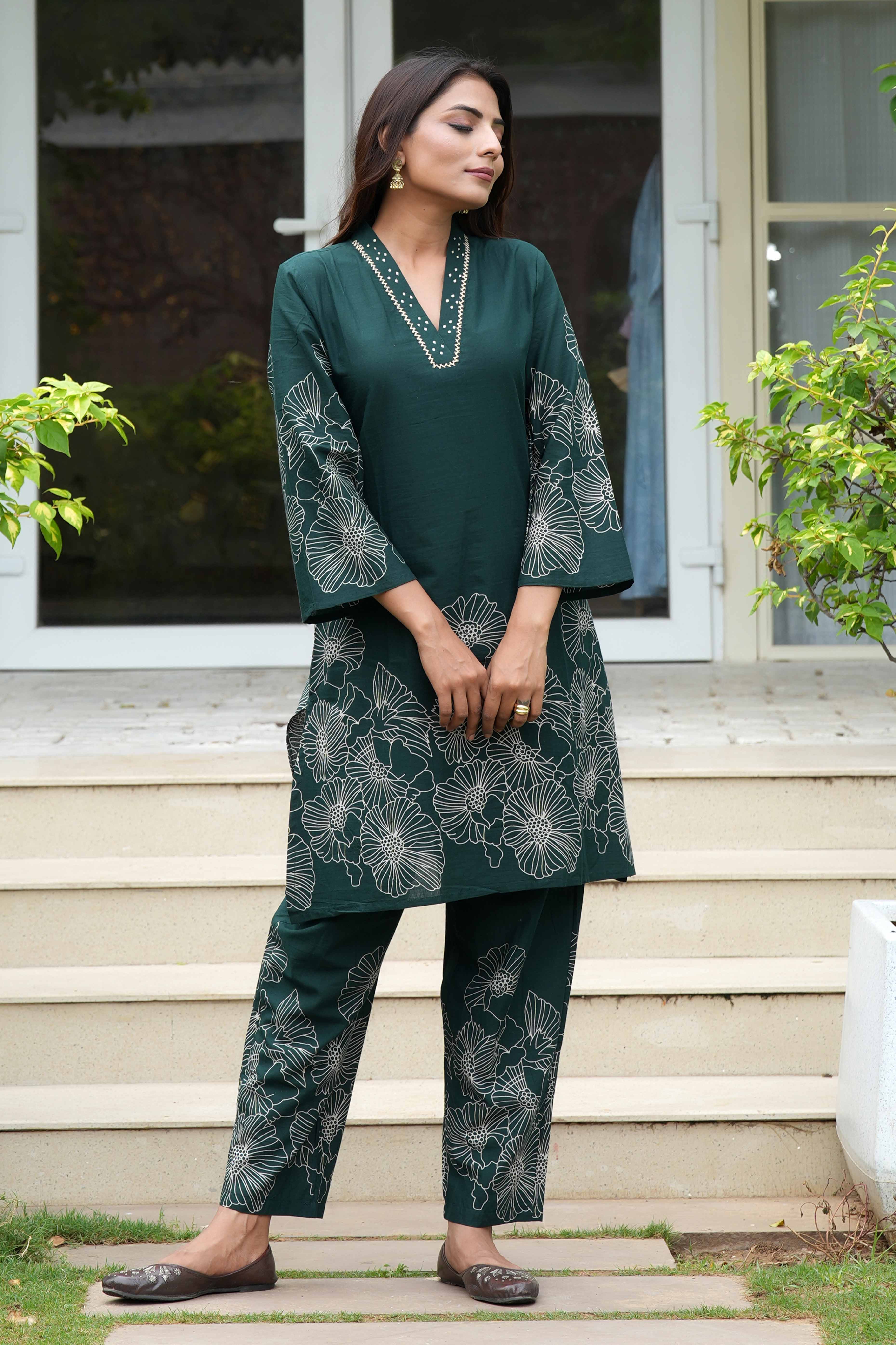 Bottle Green Floral Embroidered Co-Ord Set – Top & Bottom