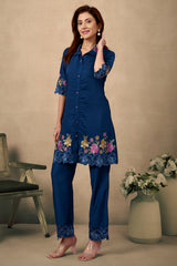 Navy Blue Floral Embroidered Chinon Co-Ord Set – Elegant & Comfortable Occasion Wear