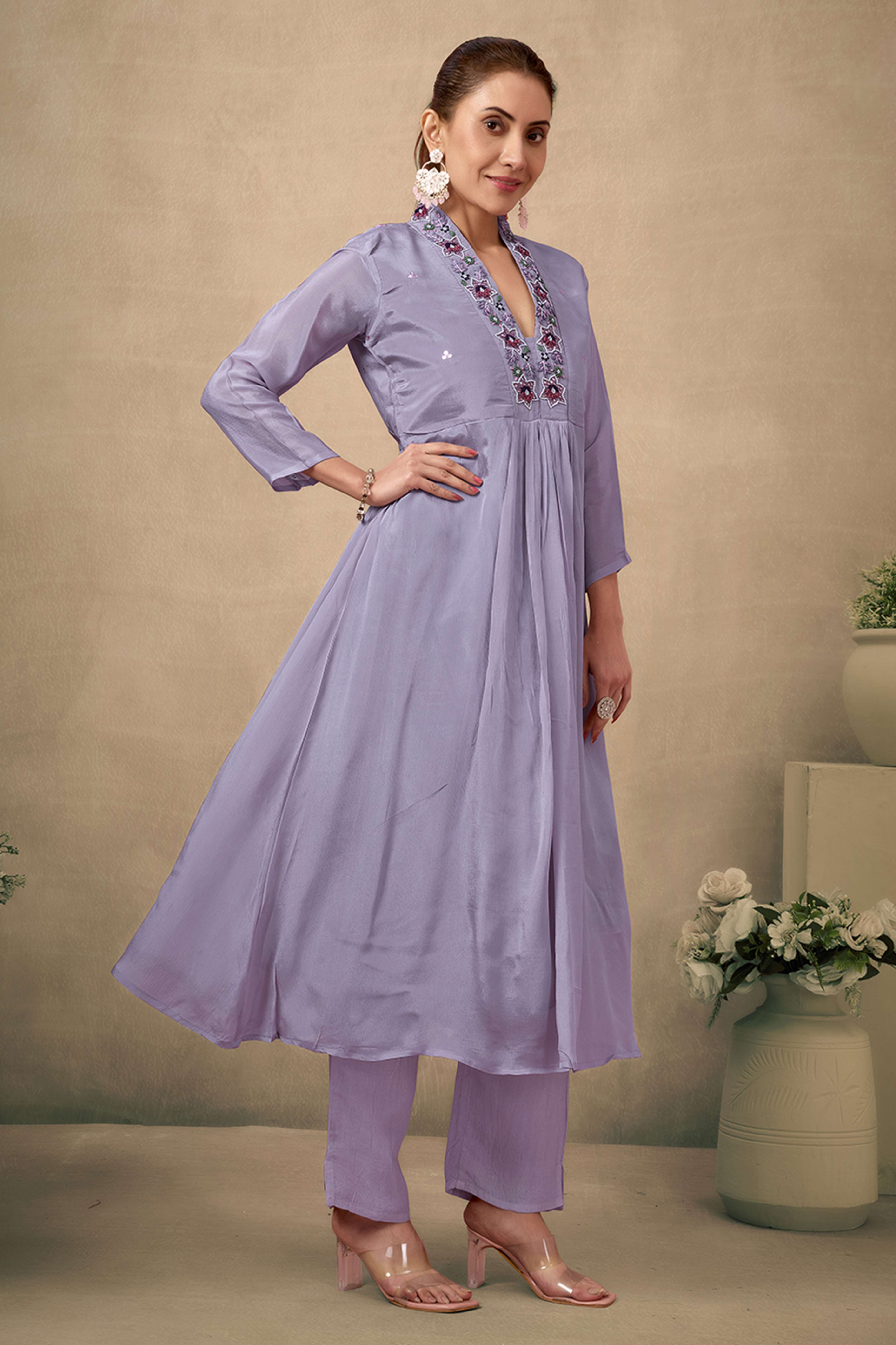 Grey Floral Embroidery With Handwork Viscose Anarkali Salwar Suit