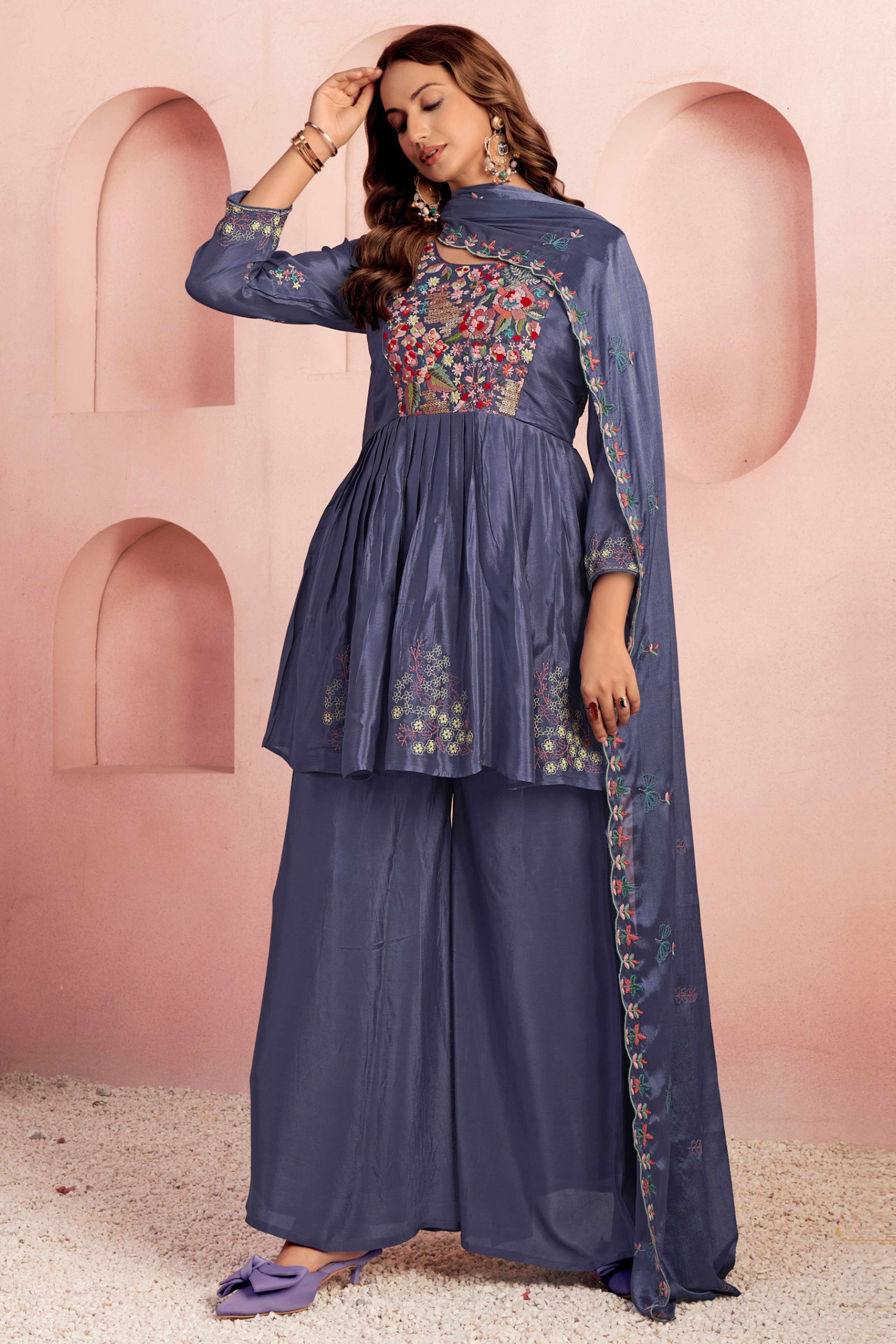 Dark Purple Viscose Chinon Salwar Suit with Handcrafted Floral Embroidery