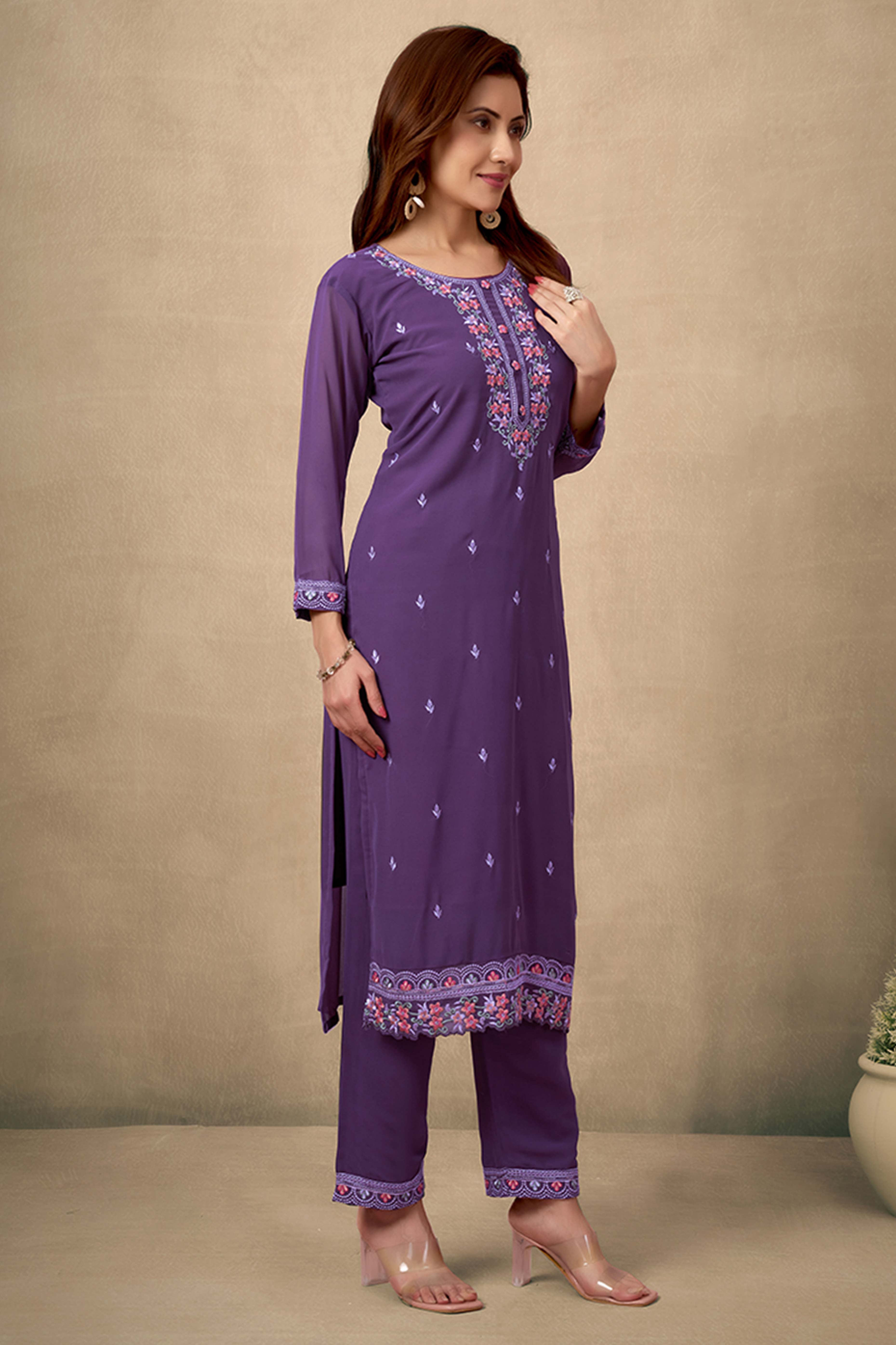 Wine Embroidered Straight Salwar Suit in Heavy Viscose Georgette