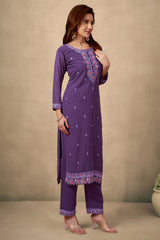 Wine Embroidered Straight Salwar Suit in Heavy Viscose Georgette