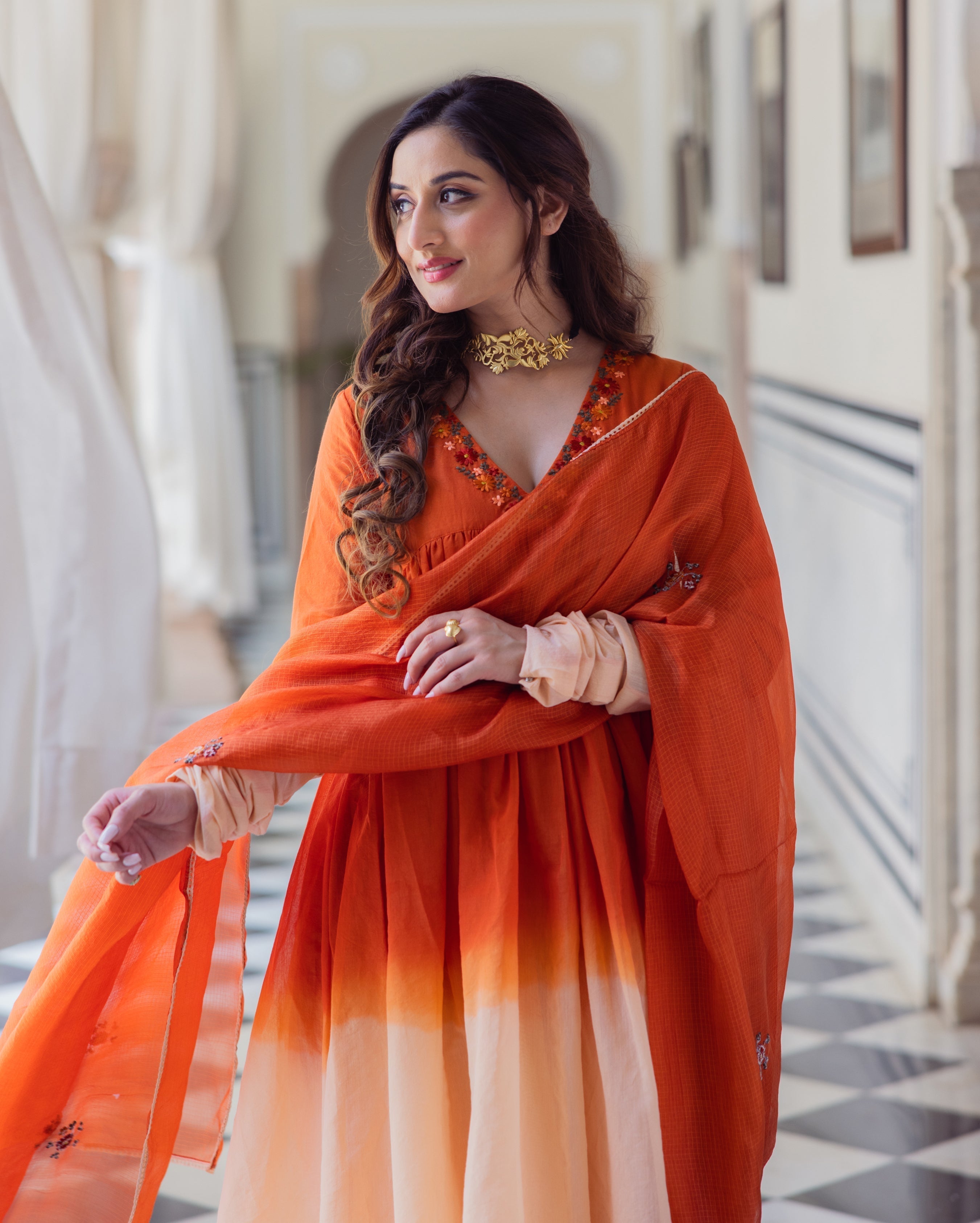 Drape Orange Ombre Embroidered Chanderi Suit Set